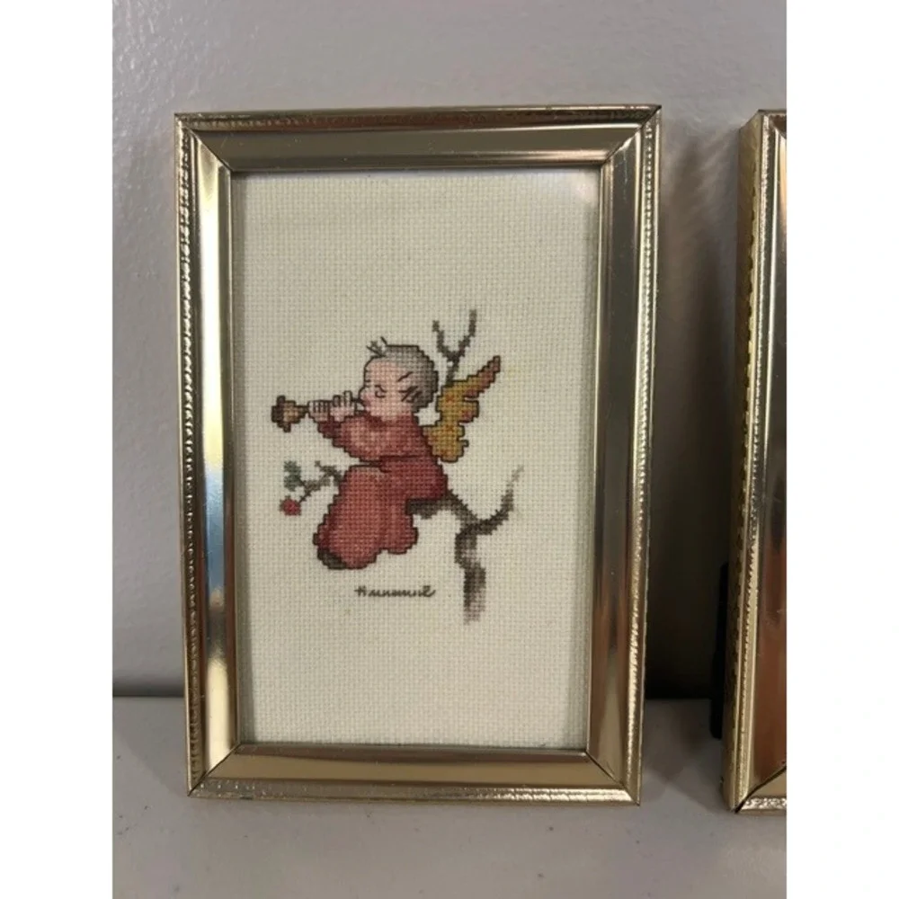 Vintage Hummel Style Framed Cross Stitch Set of 2 Angel & Child Sledding 4x6